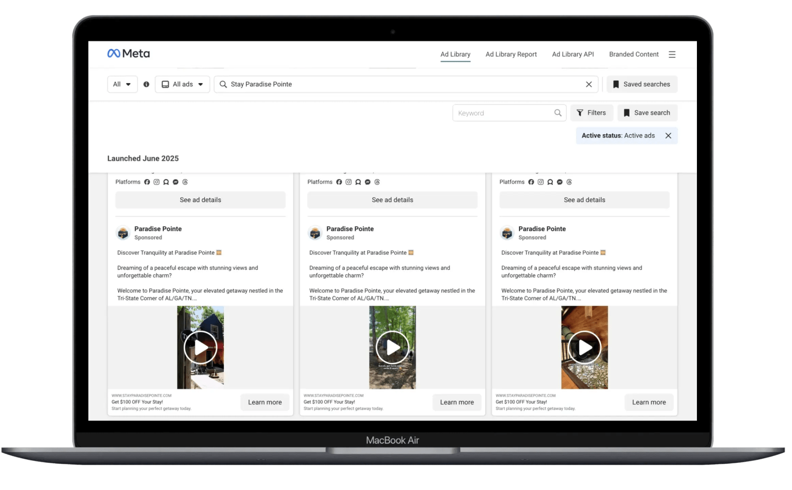 Paradise Pointe's live ads in the Meta Ad Library, on a MacBook