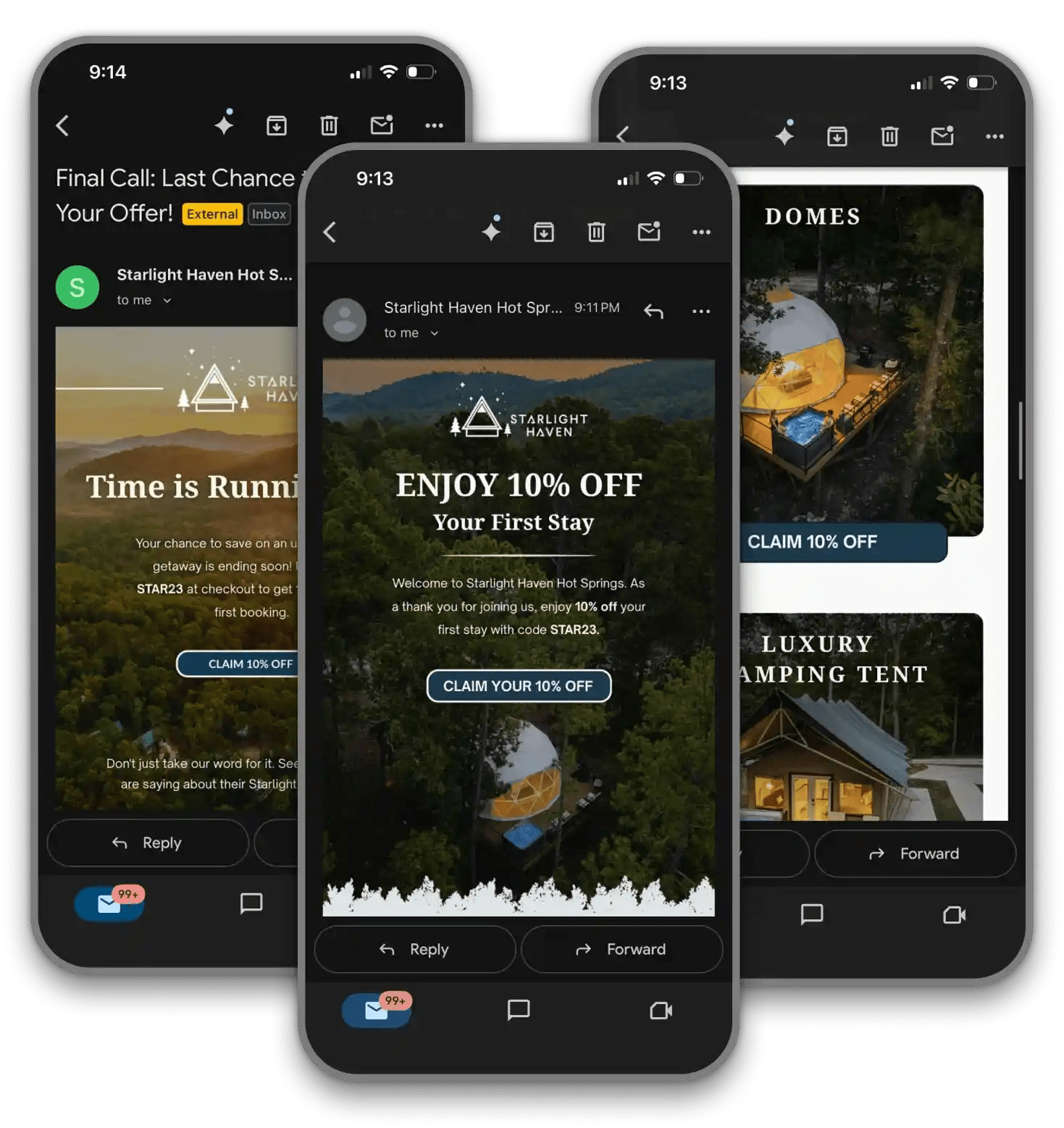 Three Starlight Haven emails on phones — the 10% welcome offer, a last-chance reminder and the domes