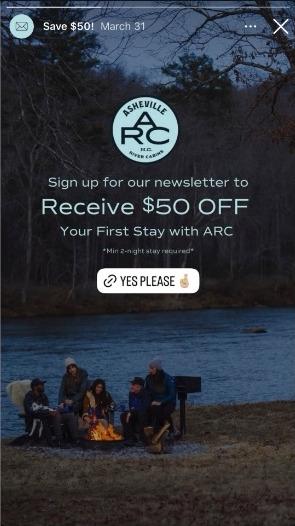The story card offering $50 off a first stay in exchange for a newsletter signup