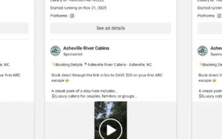 The Meta Ad Library showing the live Asheville River Cabins ad set, running since November 2025