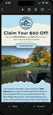 The automated welcome email — Claim Your $50 Off, with the WELCOME50 code and a claim button